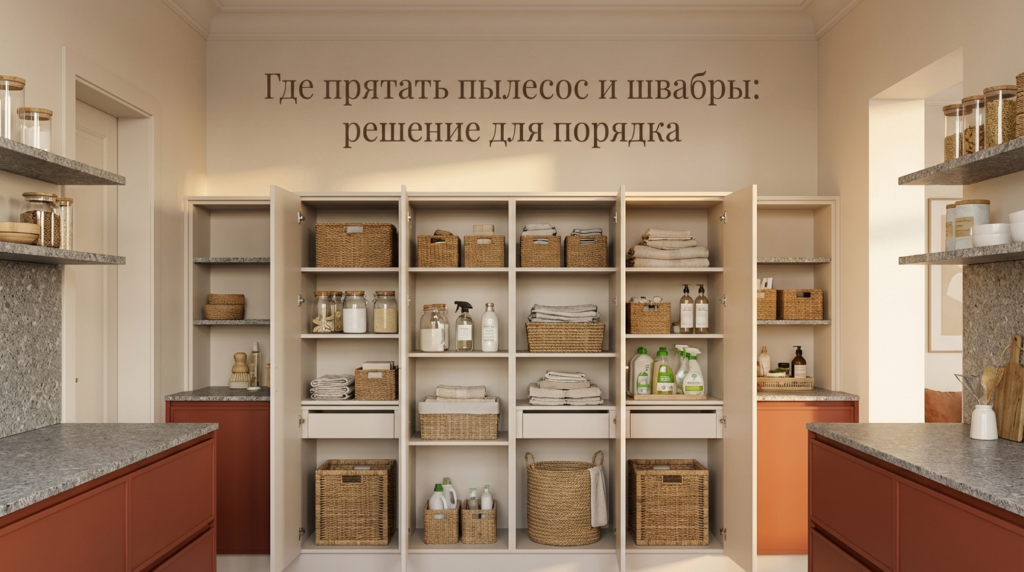    Функциональный шкаф для хозяйственного инвентаря, позволяющий эффективно спрятать пылесос и принадлежности для уборки. MDKUHNY