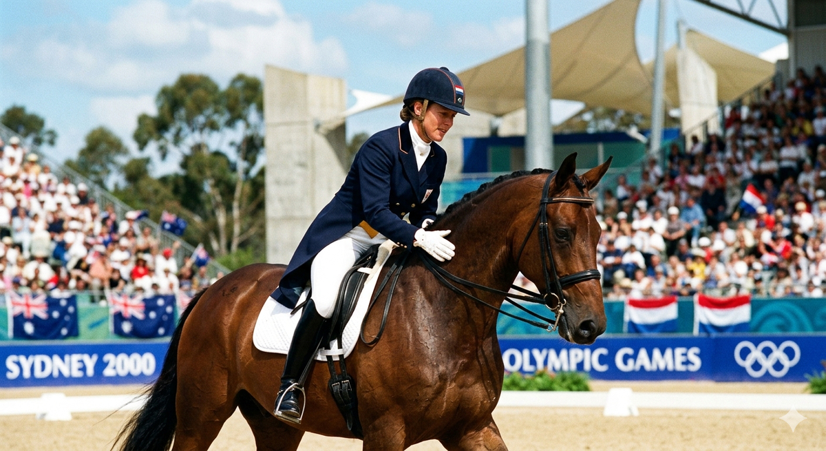 Момент абсолютного взаимопонимания всадника и лошади на олимпийской арене. В этом спорте результат зависит не только от техники, но и от того, насколько глубоко два партнера чувствуют друг друга. Изображение сгенерировано с помощью ИИ.