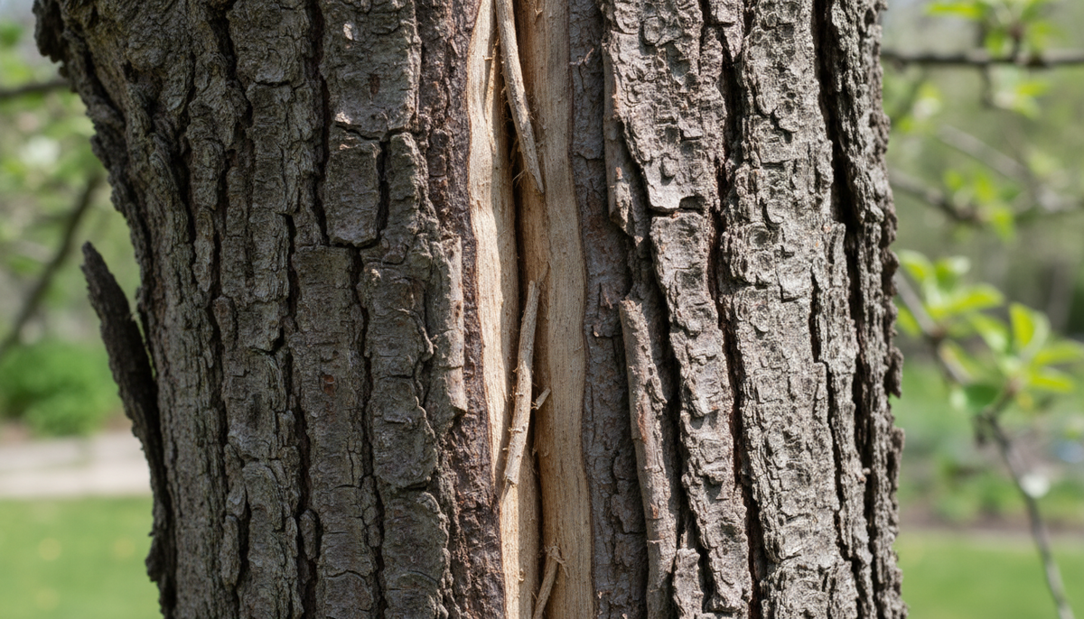 Морозобоины на коре яблони — продольные трещины от резких перепадов температур в феврале-марте