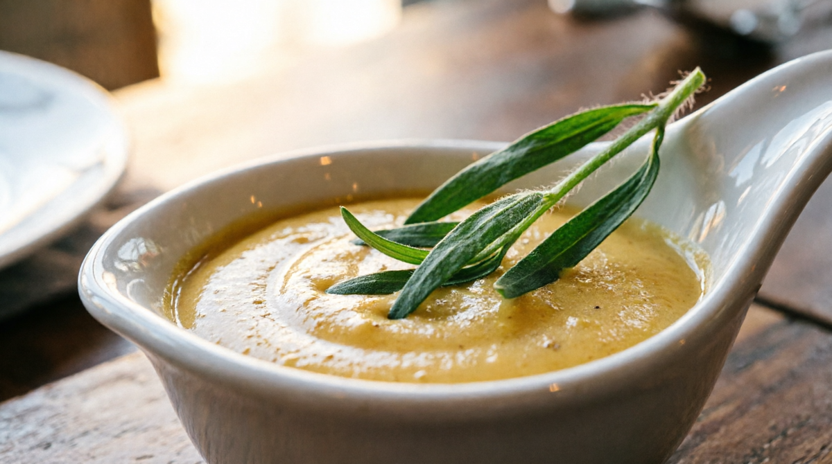 Золотистый голландез в соуснике с веточками эстрагона