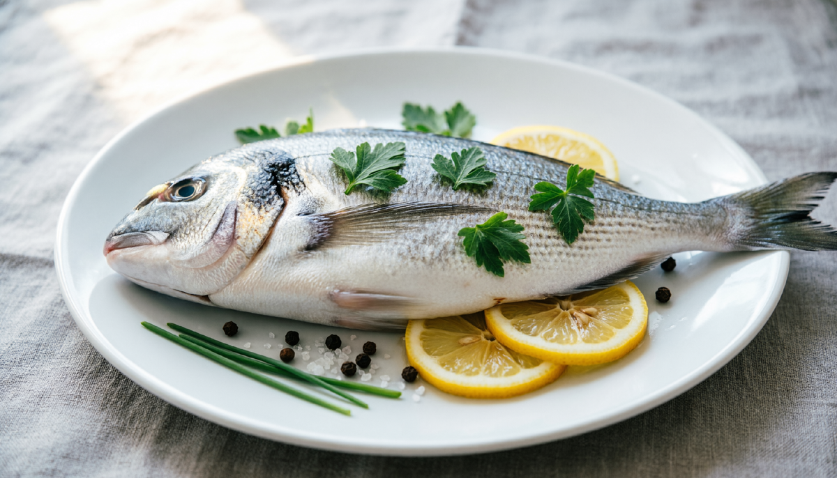 Свежая рыба с зеленью и лимоном на светлой тарелке