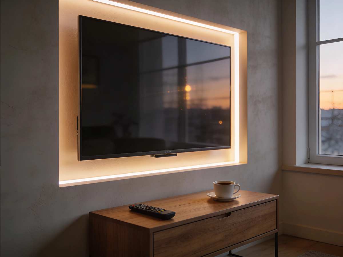 Андрей купил 65 дюймов для дивана в 2 метрах и три года мучил глаза. А потом сделал нишу, спрятал провода и поменял телевизор на правильный размер. Теперь смотрит без головной боли. Инструкция внутри.