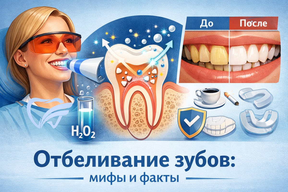 Иллюстрация показывает процесс отбеливания зубов: как активное вещество проникает в структуру зуба и разрушает пигменты, осветляя эмаль. Справа — наглядный результат «до и после», а также факторы, влияющие на цвет зубов и уход после процедуры.