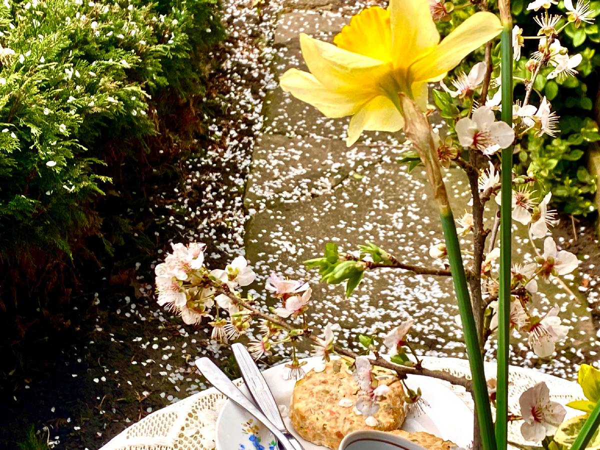 Лепестки сыпались прямо на дорожку, на кусты и стол