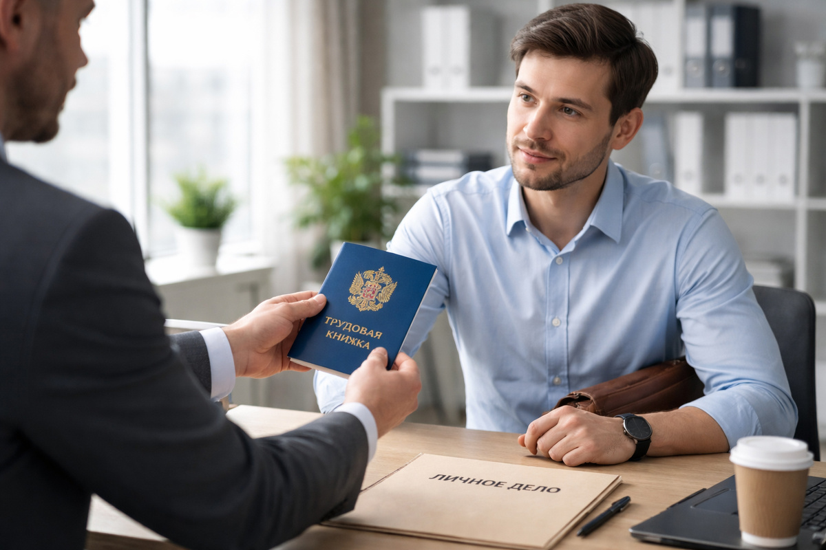Руководитель передаёт сотруднику трудовую книжку
