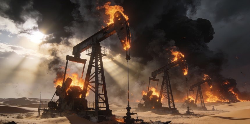 Горящие нефтяные качалки, расположенные в пустыне на фоне дыма, абстракция создано с использованием ИИ