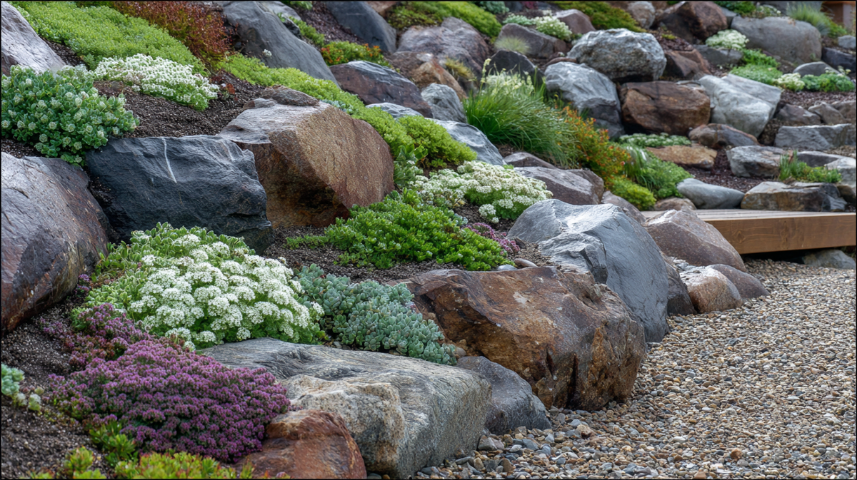 Натуральные камни и почвопокровники создают эффект настоящих гор