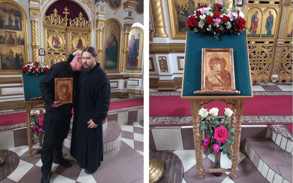 На фото – отец Василий, настоятель храма Святой Троицы Себежа передаёт икону. Фото: храм Святой Троицы Себежа