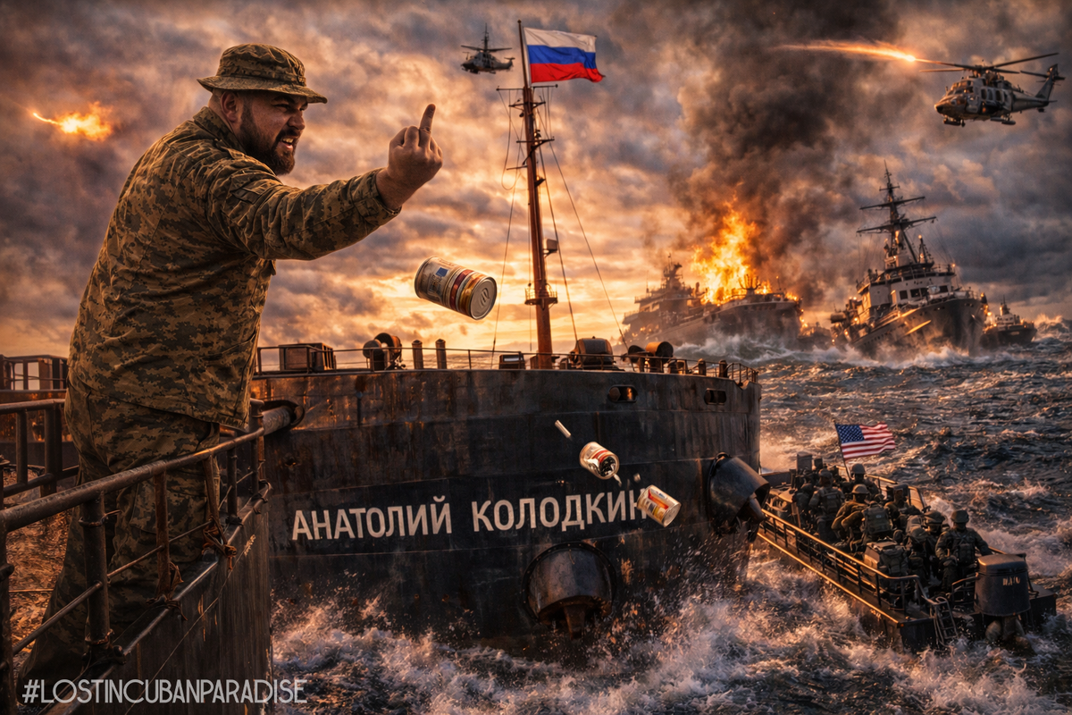 "Анатолий Колодкин" идет на Кубу, отстреливаясь от американских коммандос банками с тушенкой. Холст, масло, ChatGPT, зарубежные СМИ
