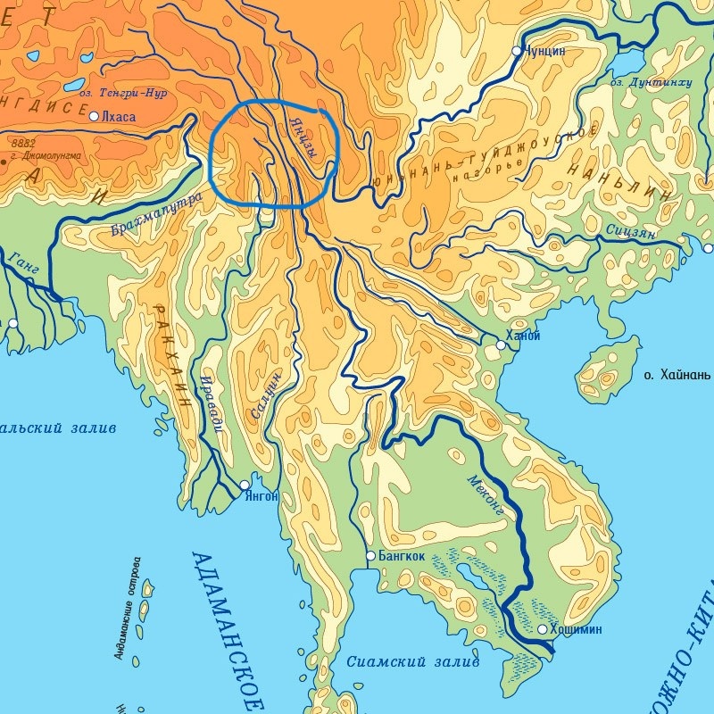 Юньнанское нагорье обведено кружком