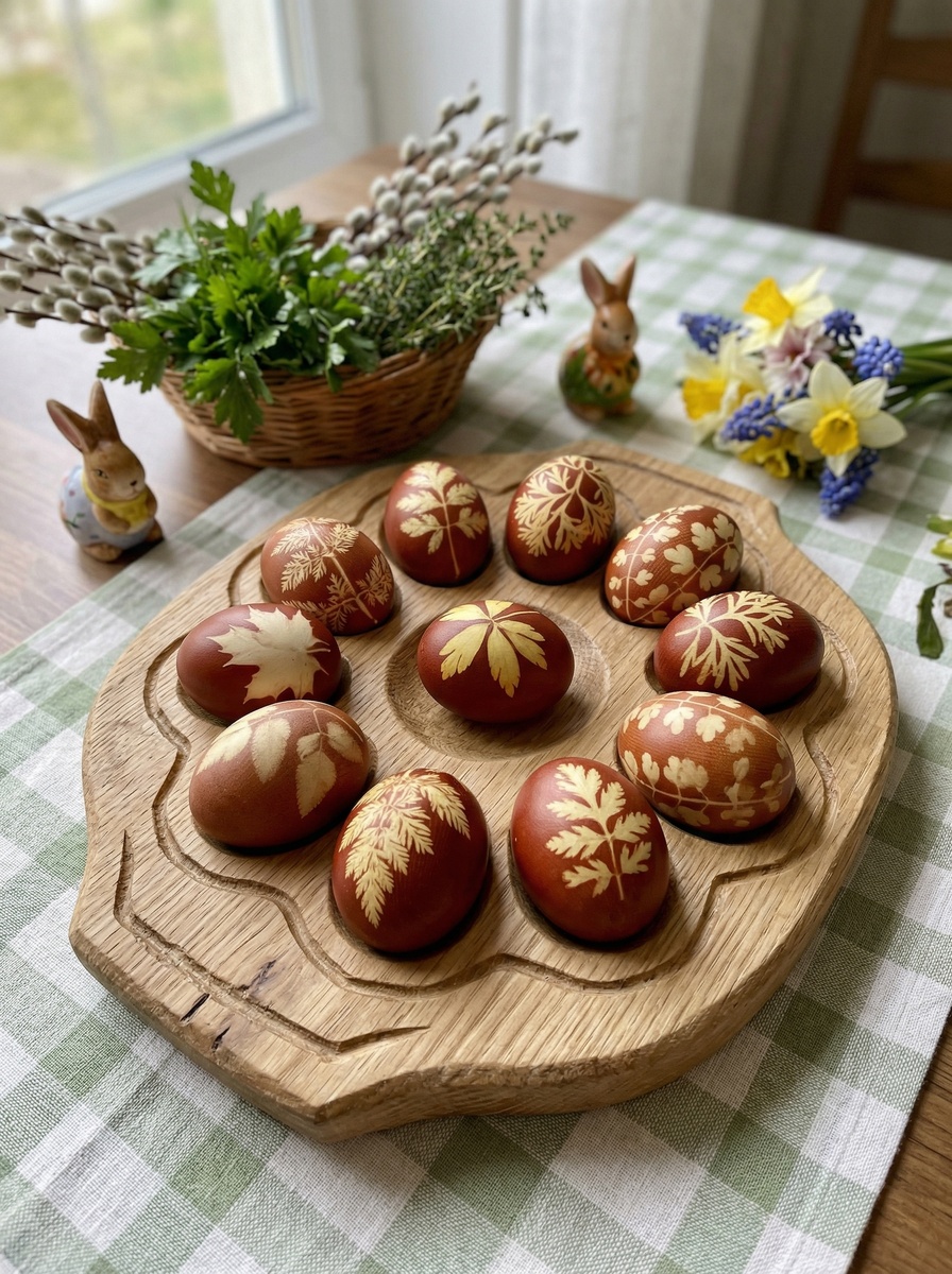 Пошаговая инструкция
Шаг 1: Подготовка красителя
Соберите луковую шелуху (чем больше — тем насыщеннее цвет).
Залейте шелуху водой из расчёта: горсть шелухи на 1 яйцо .
Доведите до кипения, убавьте огонь и варите 30–40 минут.
Процедите отвар — он готов к использованию.
💡 Для более тёмного оттенка оставьте шелуху настаиваться на ночь.
Шаг 2: Подготовка яиц с узором
Смочите яйцо водой.
Приложите влажный листик (петрушки, укропа, папоротника) к поверхности — он должен плотно прилегать .
Аккуратно поместите яйцо в капроновый чулок или оберните марлей.
Затяните чулок ниткой или резинкой, чтобы лист не сдвинулся.
🌿 Совет: используйте мелкие листья с чёткими прожилками — узор будет выразительнее.
Шаг 3: Окрашивание
Опустите подготовленные яйца в горячий отвар луковой шелухи.
Добавьте 1–2 ст. ложки соли (чтобы яйца не треснули) и 1 ст. ложку уксуса (для фиксации цвета) .
Варите на медленном огне 10–15 минут после закипания.
Выключите огонь и оставьте яйца в отваре до остывания (можно на 1–2 часа для более насыщенного цвета).
Шаг 4: Финальный штрих
Достаньте яйца, аккуратно снимите чулок/марлю и удалите листья.
Промокните бумажным полотенцем.
Для блеска протрите яйца ватным диском, смоченным в растительном масле или сале .
✨ Готово! На яйце останется светлый ажурный отпечаток листа на фоне тёплого коричнево-золотистого фона.
💡 Полезные советы
✅ Яйца должны быть комнатной температуры — так они не треснут при варке.
✅ Листья должны быть свежими и сухими — влажные могут отклеиться.
✅ Экспериментируйте с шелухой: жёлтая даёт золотистые оттенки, красная — бордовые и терракотовые.
✅ Для узоров можно использовать не только листья, но и кружево, сетку, рис — техника та же.
✅ Храните окрашенные яйца в холодильнике — натуральный краситель менее стойкий, чем химический.