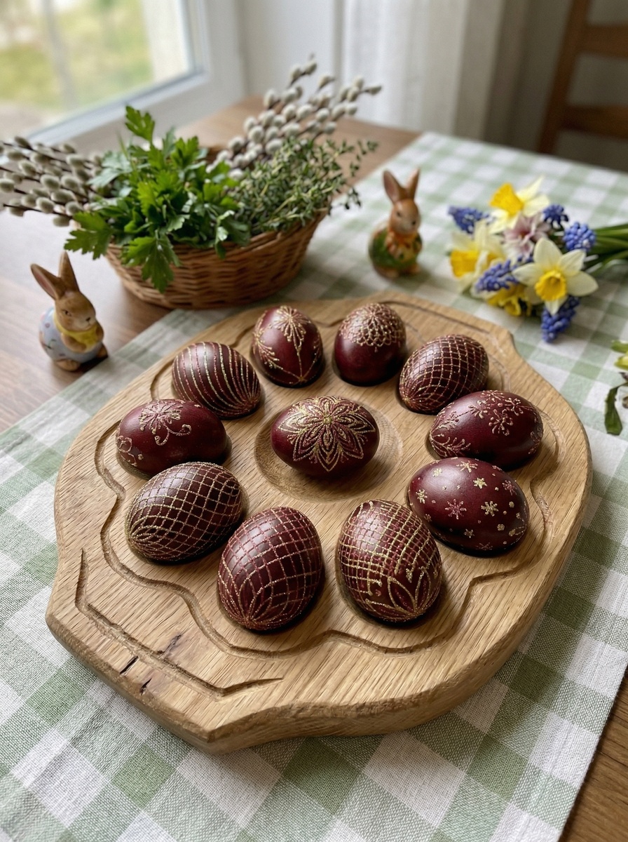 🔁 Пошаговая инструкция
Шаг 1: Подготовка яиц
Достаньте яйца из холодильника за 1–2 часа до окрашивания — они должны быть комнатной температуры, чтобы не треснули.
Тщательно вымойте с мылом и просушите.
Шаг 2: Создаём цвет бургунди
🥬 Натуральный способ (красная капуста):
Мелко нарежьте половину кочана красной капусты.
Залейте водой (чтобы покрыла яйца), доведите до кипения.
Варите 15–20 минут, затем процедите.
Добавьте 2 ст. ложки уксуса — он усилит бордовый оттенок и закрепит цвет .
Опустите яйца в отвар, варите 10–12 минут после закипания.
Оставьте в отваре до остывания (чем дольше — тем насыщеннее цвет).
🎨 Магазинный краситель (быстрый вариант):
Разведите краситель по инструкции (обычно: 1 пакетик на 0,5 л воды + 1 ст. ложка уксуса).
Опустите яйца, варите 10 минут.
Для глубокого бургунди оставьте яйца в растворе на 30–60 минут после варки.
💡 Совет: Добавьте щепотку соли в отвар — это предотвратит растрескивание скорлупы.
Шаг 3: Сушка и подготовка к декору
Достаньте яйца, промокните бумажным полотенцем.
Полностью высушите (15–20 минут) — золотой декор лучше ложится на сухую поверхность.
Шаг 4: Наносим золотой узор
✨ Вариант А: Золотой маркер (самый простой)
Нарисуйте узоры от руки: завитки, точки, полосы, монограммы.
Дайте подсохнуть 2–3 минуты.
🎨 Вариант Б: Пищевая золотая краска + кисть
Разведите краску по инструкции (если требуется).
Тонкой кистью нанесите узор: геометрию, кружево, абстракцию.
Для эффекта «омбре» слегка растушуйте краску у края.
✨ Вариант В: Блёстки + клей/лак
Нанесите тонкий слой пищевого клея или лака для яиц в нужных местах.
Посыпьте съедобными золотыми блёстками.
Стряхните лишнее, дайте высохнуть.
🎭 Вариант Г: Трафареты + скотч
Наклейте малярный скотч полосами или используйте трафарет.
Закрасьте открытые участки золотом.
Аккуратно снимите скотч — получите чёткий геометрический узор.
💡 Идеи узоров: тонкие линии, точки по экватору яйца, золотая «корона» сверху, абстрактные мазки, инициалы.
Шаг 5: Финальный штрих
После высыхания золотого