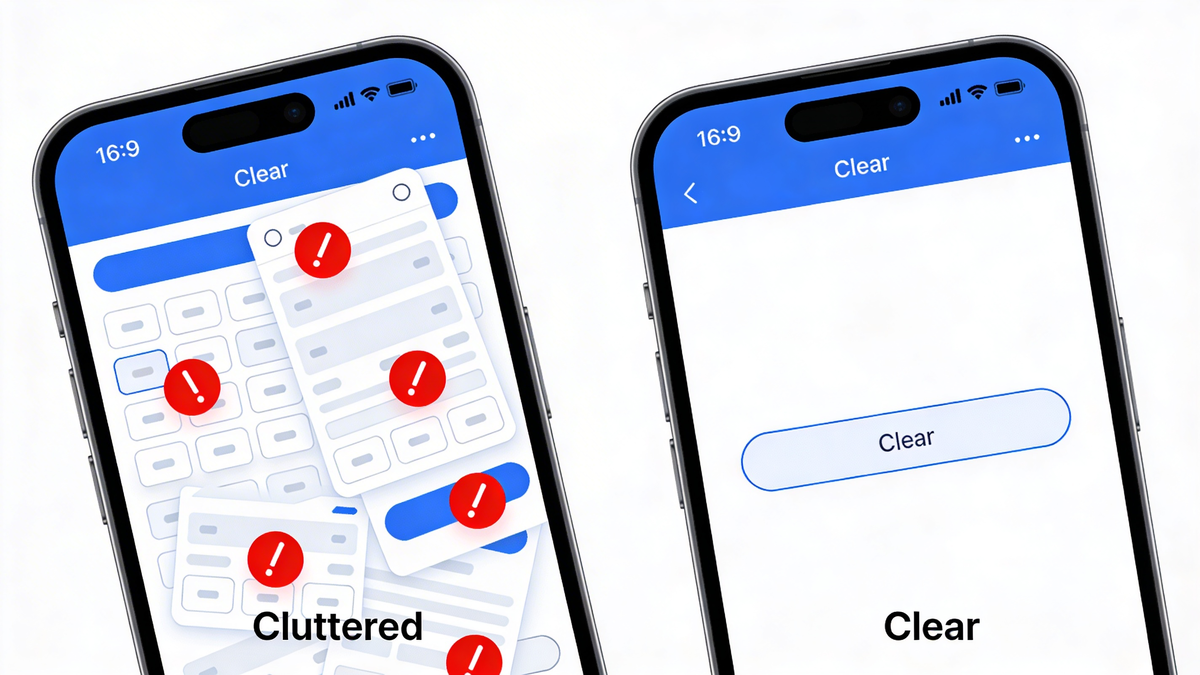 Плохой UX: перегруженный экран с ошибками (слева) против хорошего UX: чистый интерфейс с одним действием (справа)