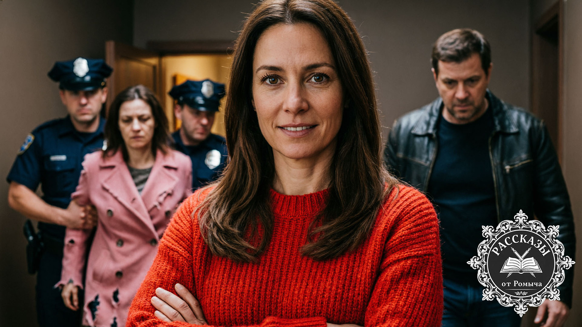 Женщина с карими глазами и темно-русыми волосами, одетая в ярко-красный свитер крупной вязки, стоит со спокойным, торжествующим выражением лица, скрестив руки на груди. На заднем плане, в тусклом освещении прихожей, полицейские уводят женщину в порванном розовом пальто и мужчину в кожаной куртке.