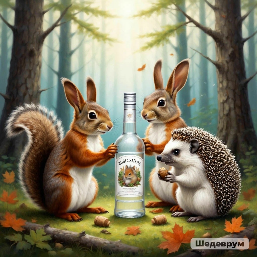 Заяц белка и еж нашли бутылку водки.