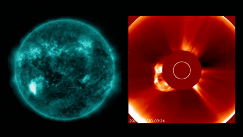 Вспышка класса X (слева) и, справа, плотный выброс корональной массы (CME). Источник: GOES SUV / SOHO Lasco C2.