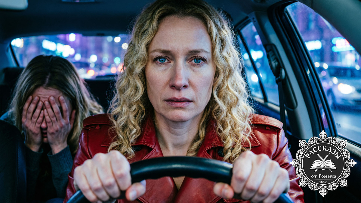 Женщина, светлый блонд, голубые глаза, в ярко-красном кожаном плаще. Она сидит за рулем авто, лицо выражает холодную решимость и скрытую боль. На пассажирском сиденье – её сестра, закрывшая лицо руками в позе полного отчаяния. На заднем плане, через стекло – размытые огни ночного города.