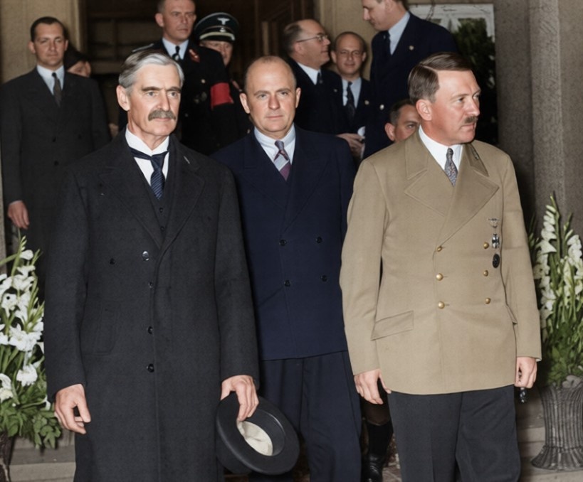 Премьер-министр Великобритании Невилл Чемберлен (слева) и канцлер Германии Адольф Гитлер. В центре — гитлеровский переводчик Пауль Шмидт. Бад - Годесберг, 23 сентября 1938 года. 