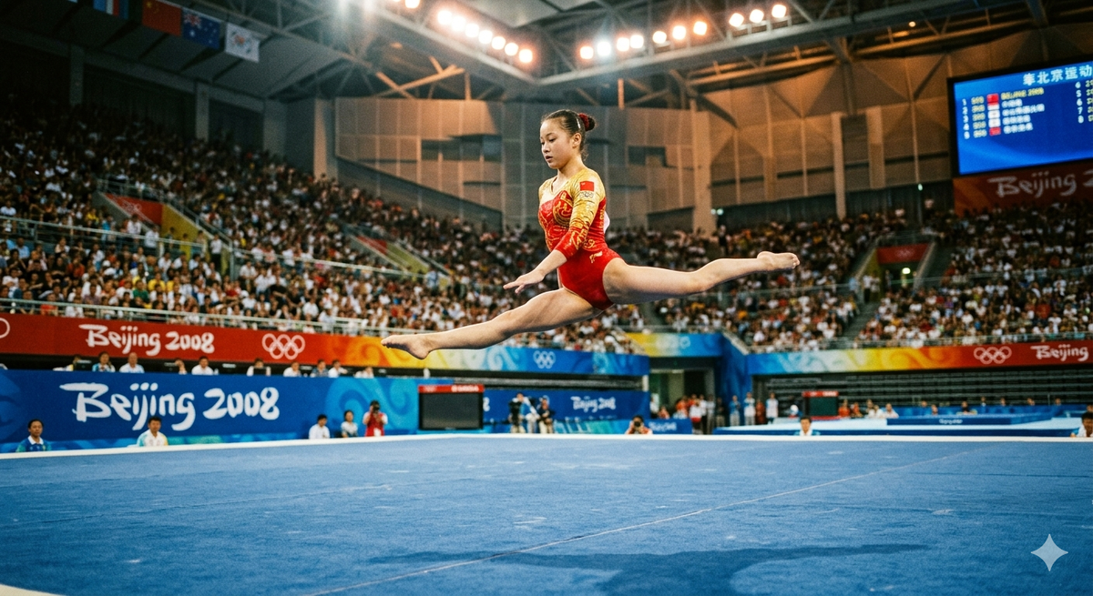 Гимнастка в динамичном прыжке над ковром на Олимпийских играх 2008 года в Пекине. Изображение сгенерировано с помощью ИИ.