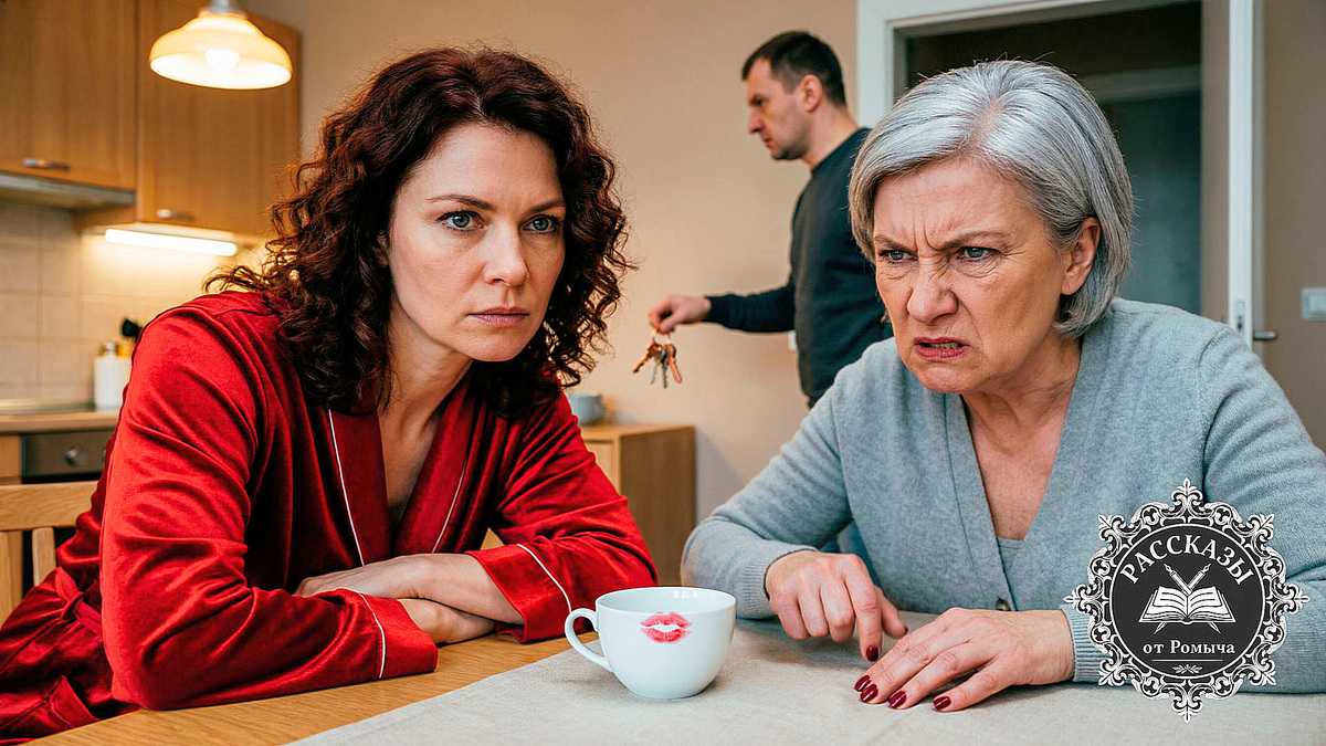 Кухня в обычной квартире. Женщина с каштановыми волосами и темно-серыми глазами, одета в ярко-красный домашний халат. Она стоит, опершись о стол, и смотрит холодным, пронзительным взглядом на сидящую напротив пожилую женщину (свекровь). Пожилая женщина в тускло-серой кофте, с безупречным маникюром, нервно барабанит пальцами по скатерти, её лицо выражает гнев и раздражение. Между ними на столе стоит белая фарфоровая чашка со следом красной помады. На заднем плане, в расфокусе, виден мужчина (муж Игорь), который нервно швыряет ключи на тумбочку.
