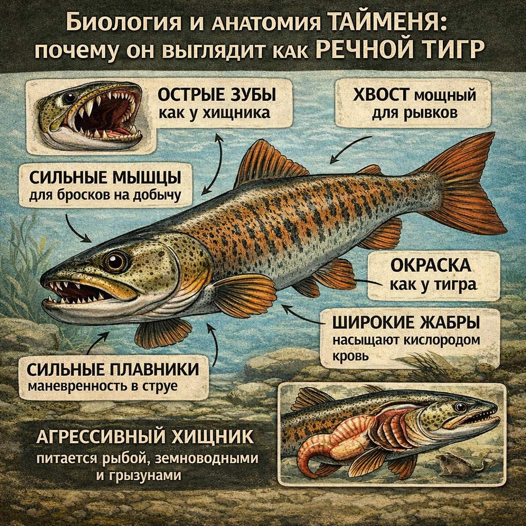 Биология и анатомия тайменя: почему он выглядит как речной тигр