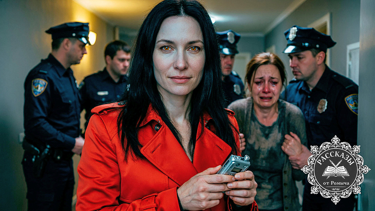 Женщина с черными волосами и янтарными глазами в ярко-красном плаще стоит в дверях квартиры. На заднем плане полиция уводит плачущую женщину в тусклой одежде.