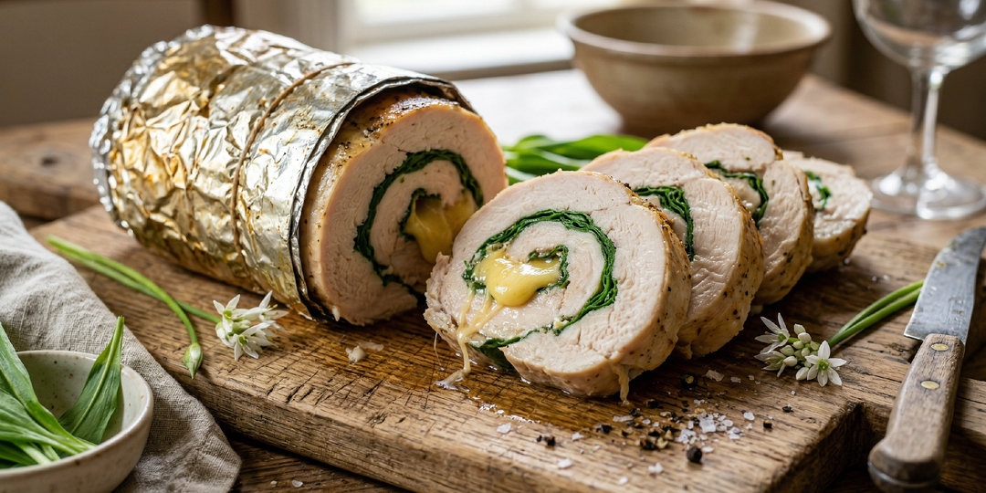 Куриный рулет с черемшой и сыром запекаю в фольге — весной ароматнее обычного с укропом