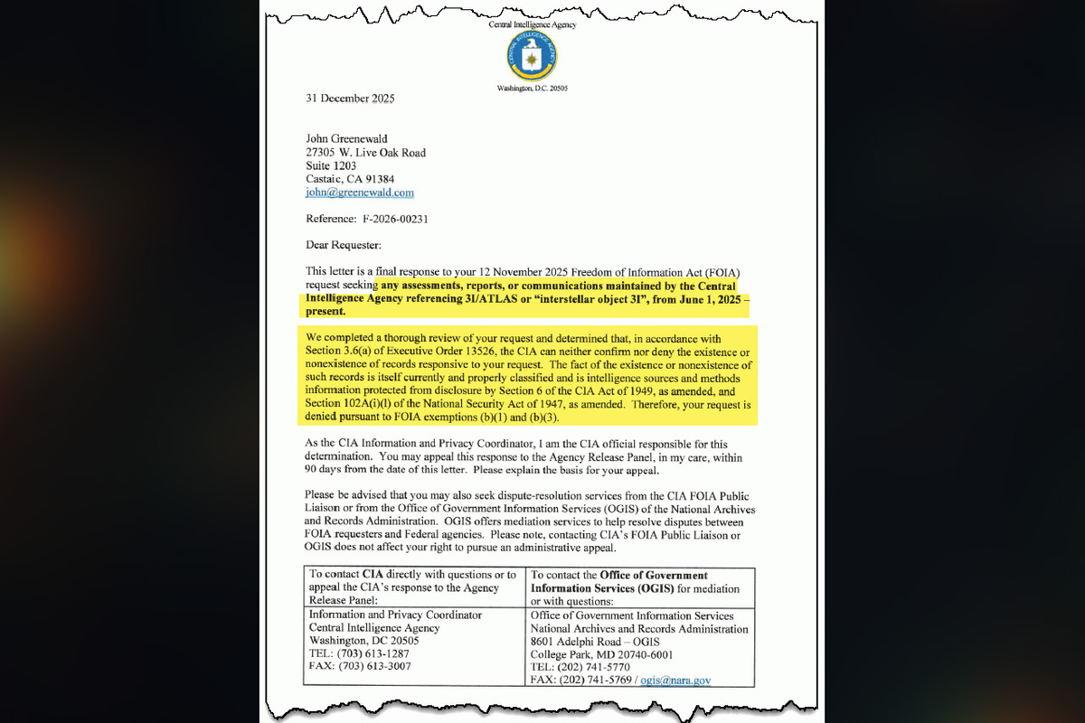 Ответ ЦРУ на запрос о данных по 3I/ATLAS: агентство отказалось даже подтвердить или опровергнуть существование досье. Источник: CIA FOIA Electronic Reading Room.