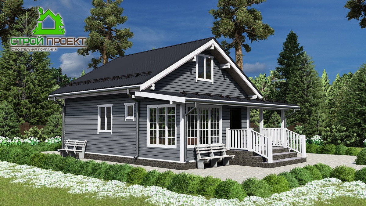 Проект дома из бруса с верандой и террасой