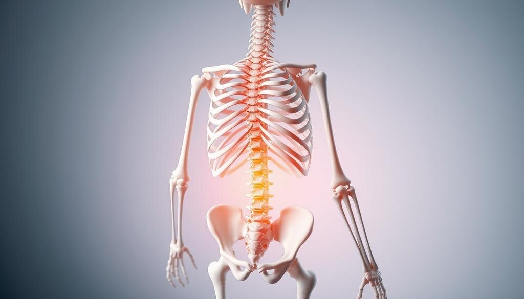    Анатомическая иллюстрация человеческого скелета с акцентом на позвоночнике и суставах в контексте старения.