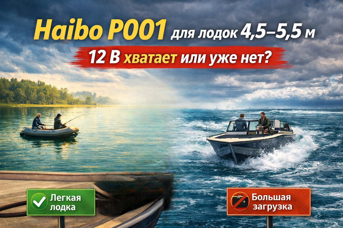 Haibo P001 12 В часто рассматривают как универсальный носовой мотор для лодок до 5–5,5 м. Но в реальности все зависит не только от длины корпуса. В статье разбираем, когда 12 В действительно хватает, а когда лодка, загрузка, ветер и тип акватории уже требуют большего запаса.