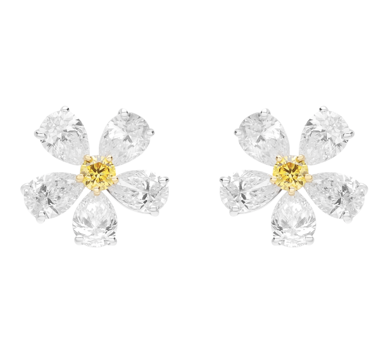 Серьги Mercury Flower из желтого и белого золота с прозрачными и желтыми бриллиантами