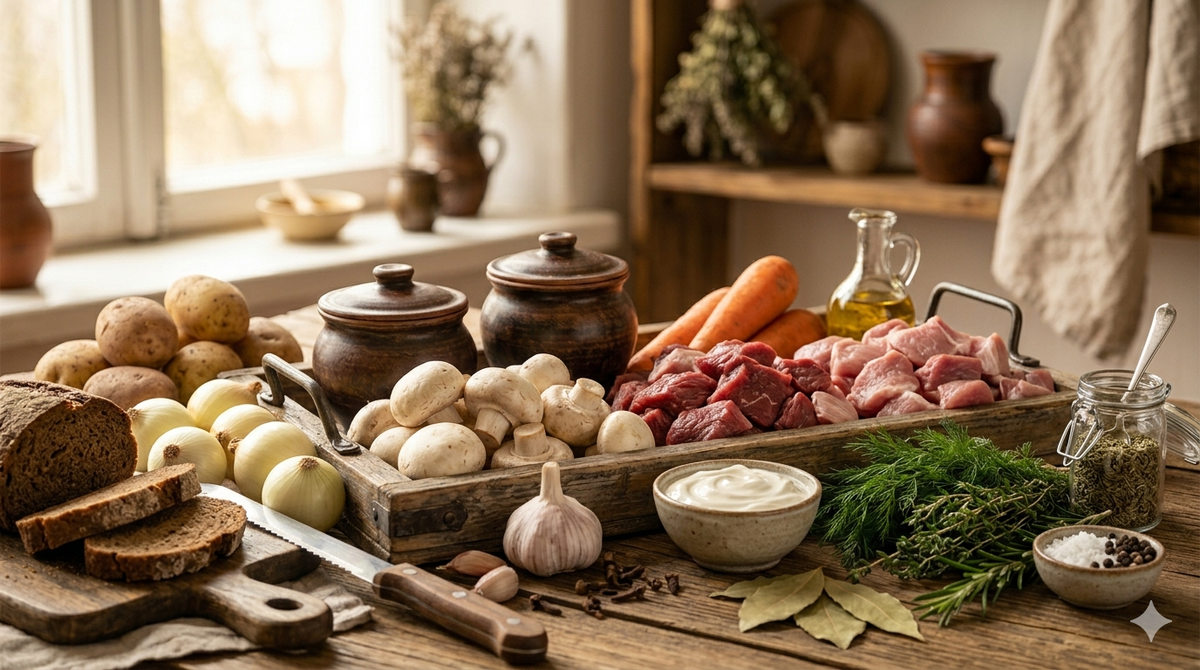 Говядина или свинина — 600 г.                                           Картофель — 6–8 средних.                                               Лук репчатый — 2 шт.                                                         Морковь — 1 шт.                                                                       Шампиньоны — 200 г.                                                           Чеснок — 3 зубчика.                                                              Сметана — 4 ст. л.                                                               Бульон (или вода) — 100 мл.                                                Масло растительное — для жарки.                                    Соль, перец — по вкусу.                                                       Лавровый лист — 4 шт.                                                     Тимьян (сухой) — щепотка.                                              