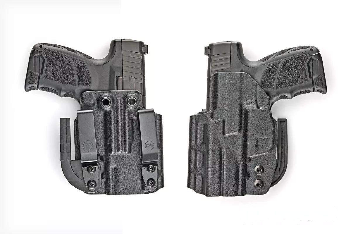 Кобура C&G Holsters CC9 IWB Covert, дополненная комплектом Alpha Upgrade Kit, выполнена из кайдекса и предназначена для скрытого ношения за поясом (inside-the-waistband, IWB). Благодаря такой конструкции, она обеспечивает отличную маскировку, особенно когда пистолет носится с дополнительной накладкой (appendix inside-the-waistband, AIWB). Для надёжной фиксации 9-миллиметрового пистолета HK CC9 кобура снабжена металлическими зажимами DCC и регулируемой пружиной