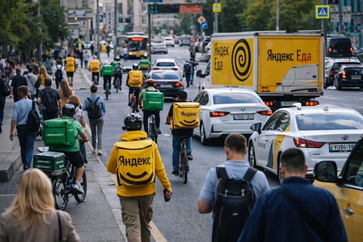 Велосипедисты с коробами в цветах сервиса — уже привычная часть пейзажа. Источник: нейросеть📷
