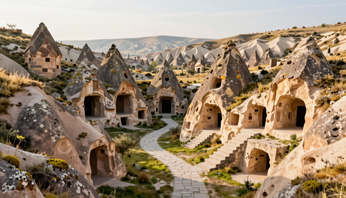 Иллюстрация панорамный вид на ландшафт Каппадокии с входами в подземные пещеры
