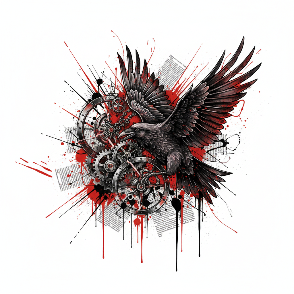 Эскиз треш полька: часовой механизм и ворон — классическое сочетание реализма и абстракции