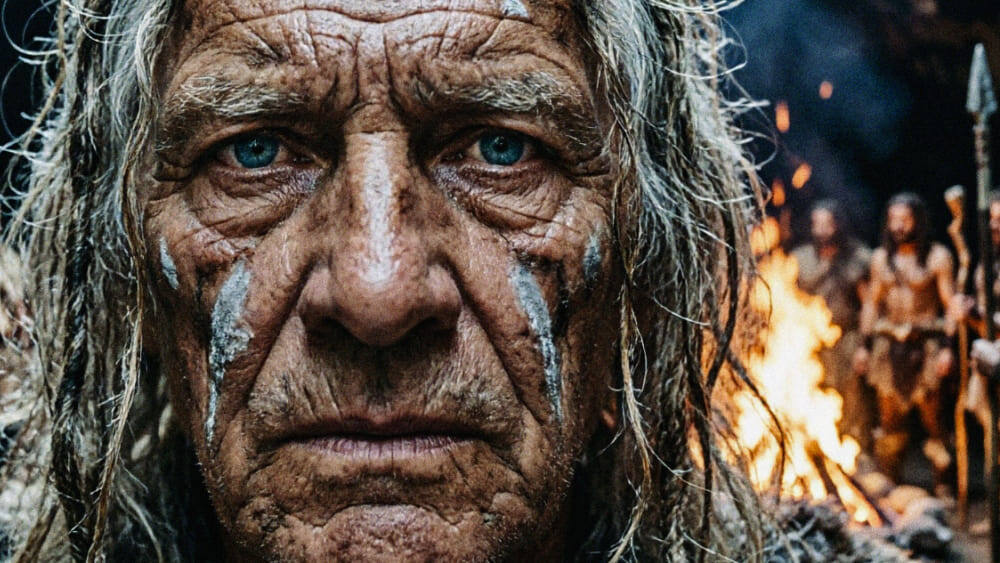 На фотографии изображен древний мужчина с морщинистым лицом, голубыми глазами и седыми волосами. На щеках белая краска. На фоне огонь и люди с копьями. Изображение сгенерировано в ИИ для иллюстрации идеи.