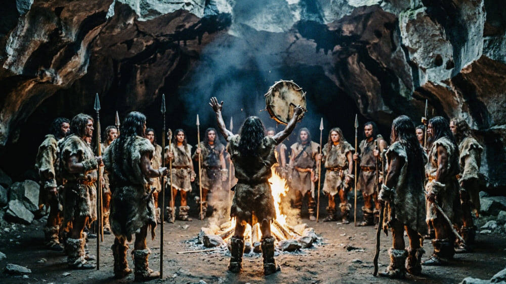 На фотографии изображены люди в шкурах, стоящие вокруг костра внутри каменной пещеры. В центре один человек поднимает бубен, остальные держат длинные копья. Изображение сгенерировано в ИИ для иллюстрации идеи.
