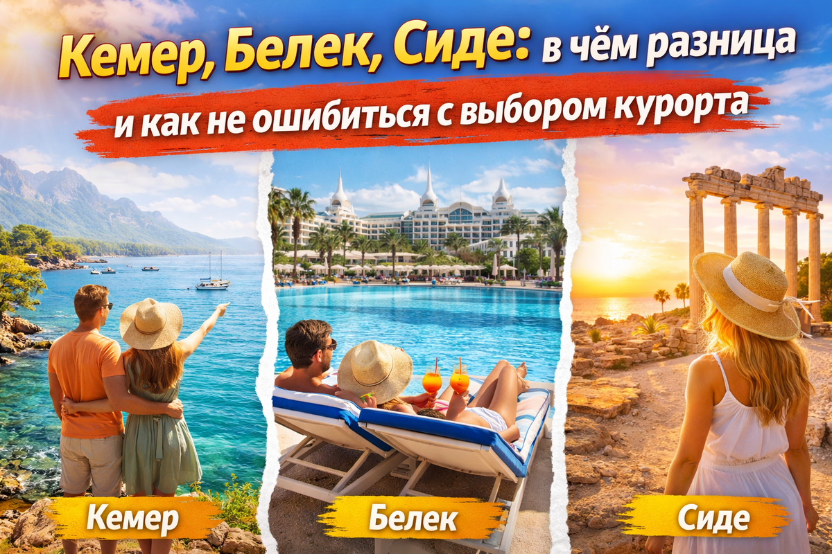 Обложка статьи "Кемер, Белек или Сиде — какой курорт выбрать в 2026 году?".