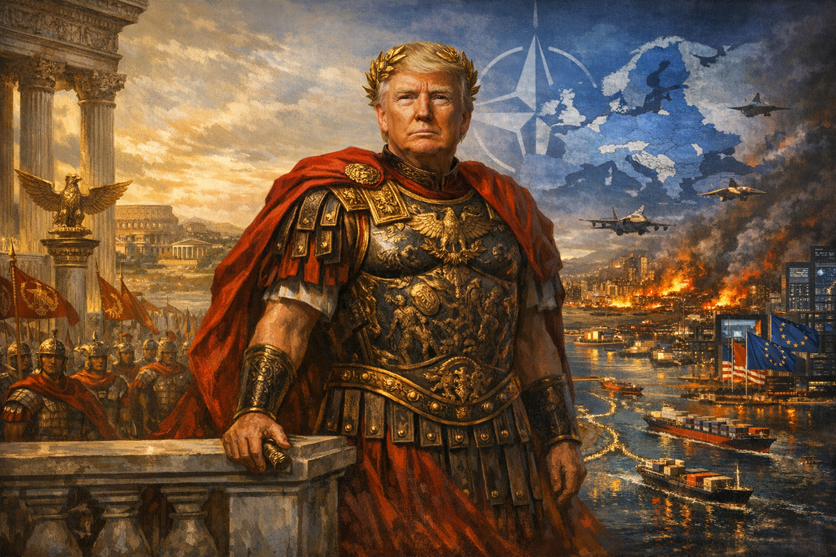 Большая многослойная композиция. На переднем плане — Дональд Трамп в образе римского императора: тёмно-золотые доспехи, красный плащ, лавровый венок, жёсткий взгляд. Он стоит на высокой террасе над картой мира. Слева — колонны, орлы, легионы, мраморный Рим. Справа — современный мир: карта НАТО, горящий Ближний Восток, нефтяные маршруты, Ормуз, военные самолёты, контейнерные суда, европейские флаги, экраны данных. Атмосфера холодной имперской переоценки союзов.