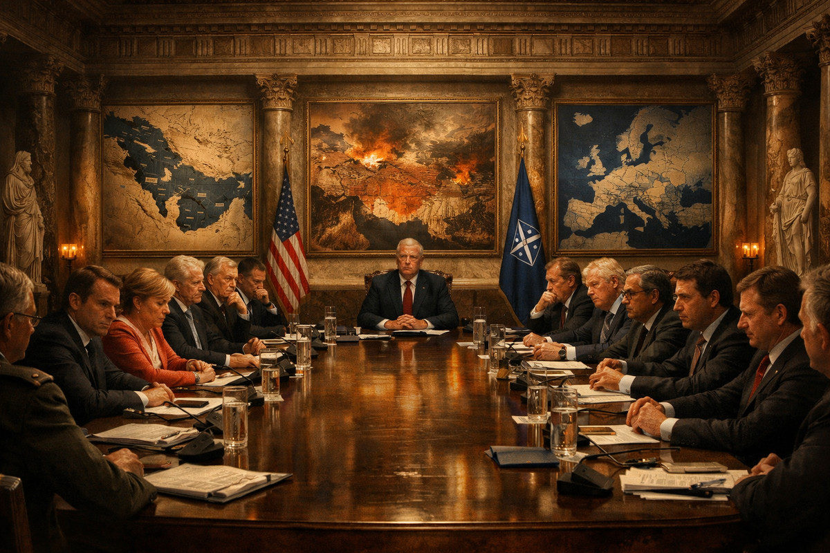 Мраморный зал в римском стиле, превращённый в современный штаб НАТО. За длинным столом сидят европейские лидеры и американский центр силы. На стенах — карты Ормуза, Ближнего Востока и Европы. Часть фигур колеблется, отводит взгляд, часть смотрит настороженно. В центре — холодное ощущение экзамена на верность. Атмосфера политического суда, стратегического напряжения и скрытого вассалитета.