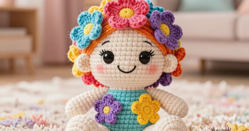 Радуга в пряже: вязаная кукла с цветочной причёской