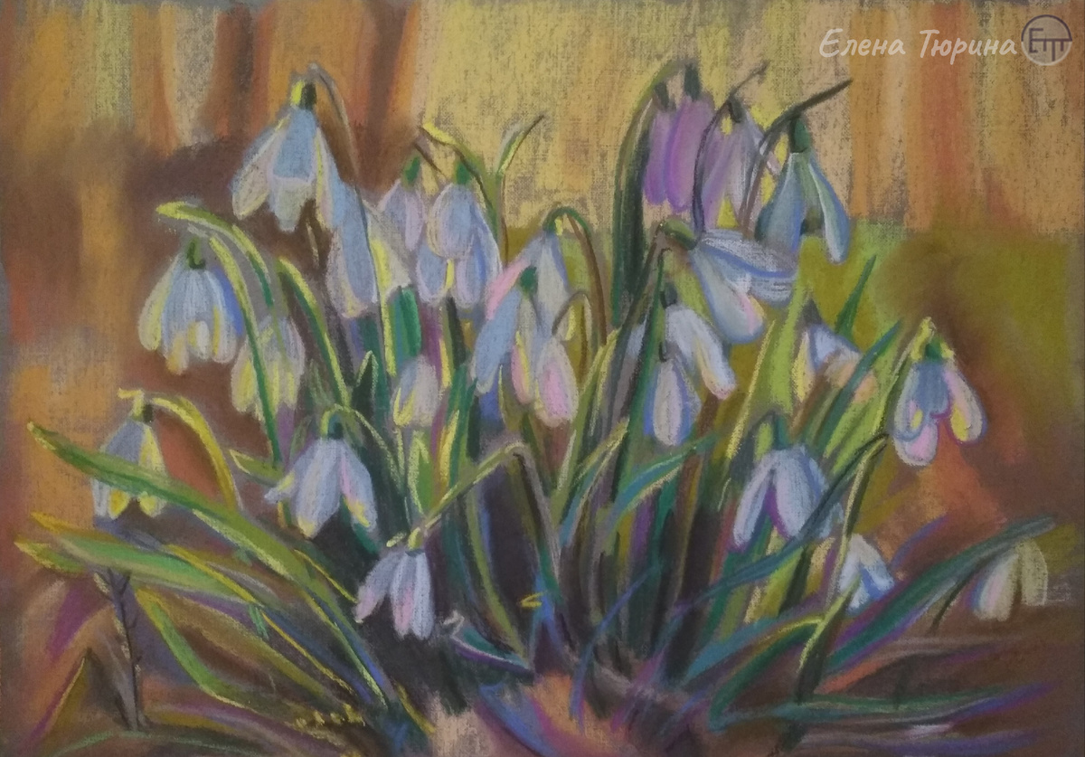 Художник Елена Тюрина. "Белоснежные подснежники на лесной поляне". Бумага. Сухая пастель. Размер: 29,7 х 41,8 см. 2021 г.