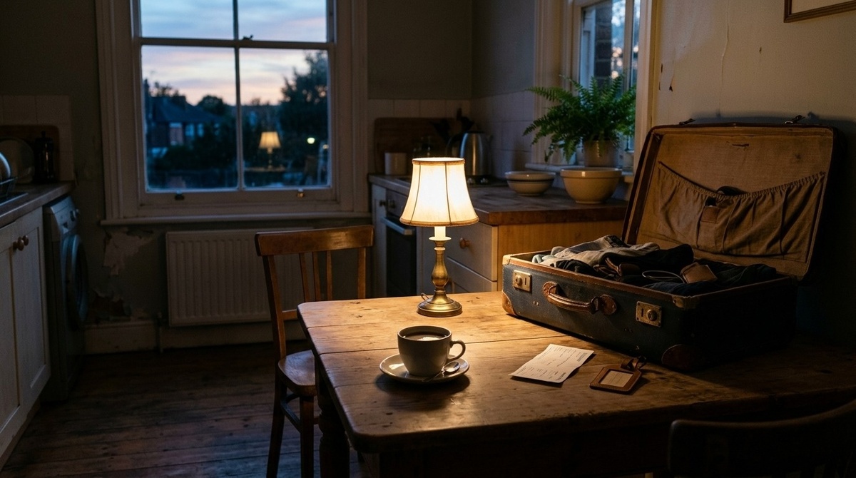 На столе рядом с чемоданом лежит билет и холодная чашка кофе. Иногда вещь на столе весит больше, чем все слова, сказанные за год.