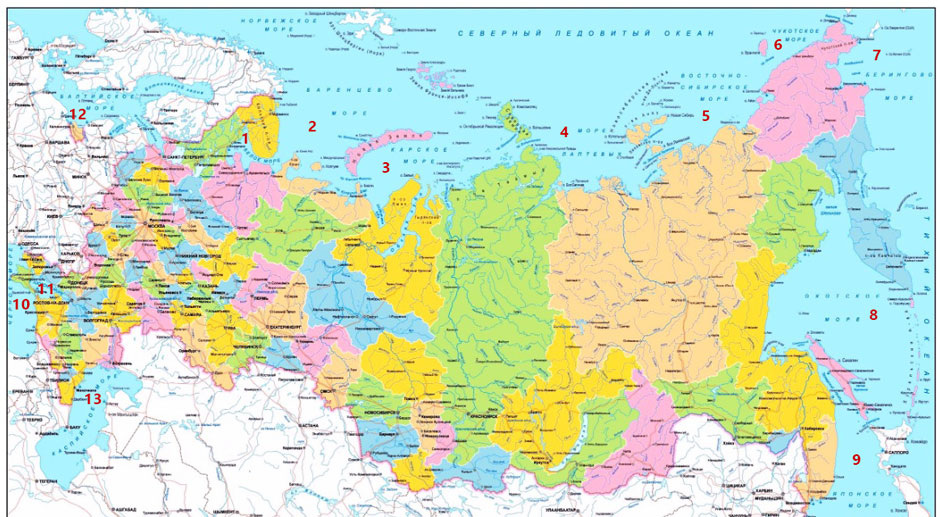 Сколько всего морей в России, на карте