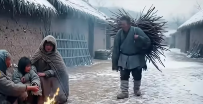Деревенские бедняки греются вокруг костра, почему-то на улице (постановка из дорамы)