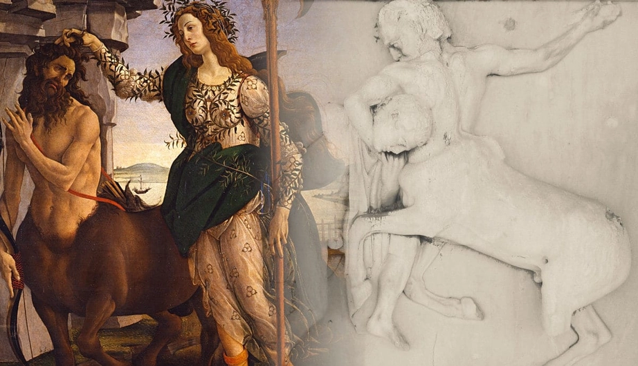 «Минерва и кентавр» , Сандро Боттичелли , 1480–1485 гг., Галерея Уффици, Флоренция; «Кентавр, сражающийся с Лапитом», Парфенон , 445–440 гг. до н.э., Музей Акрополя, Афины, через Wikimedia Commons.