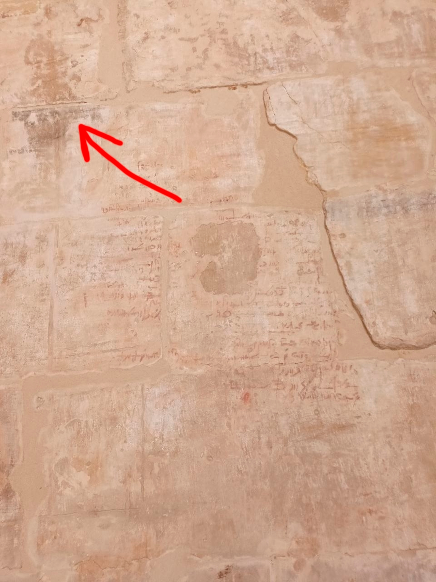 Участок стены гробницы Рамсеса XII с многочисленными граффити. Обнаруженная надпись обозначена стрелкой