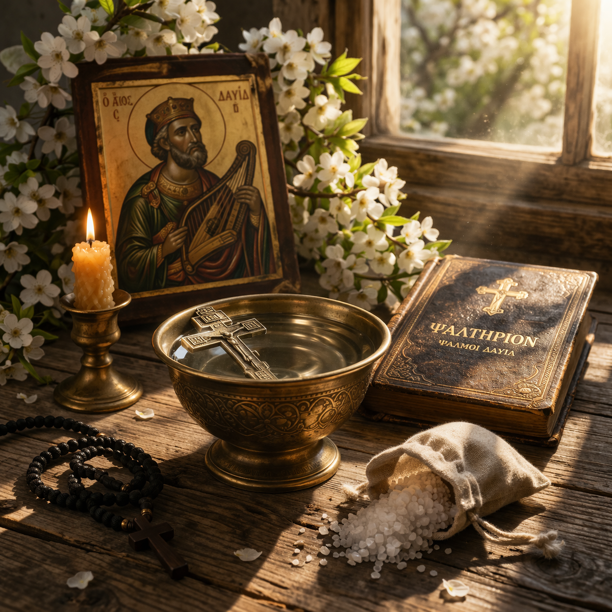 псалтырь, псалмы давида, православная икона, святая вода, крест, молитва, духовная сила, благословение, вера, свеча, церковная традиция, духовная практика, очищение, защита, благодать, открытие путей, сила псалмов, апрель, православие, алинда канаки